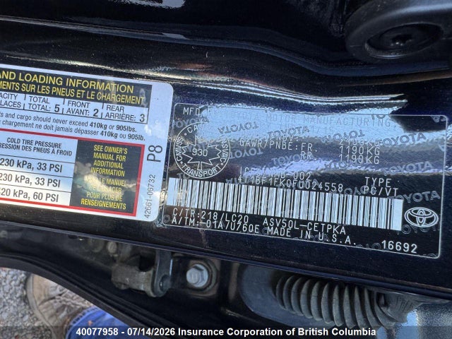 2015 Toyota Camry მანქანა იყიდება აუქციონზე, vin: 4T1BF1FK0FU024558, აუქციონის ნომერი: 40077958