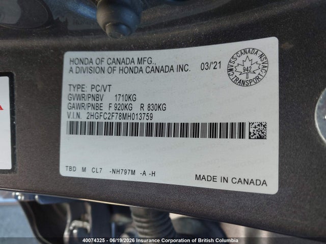 Honda CIVIC EX 2021 2HGFC2F78MH013759 Image 19