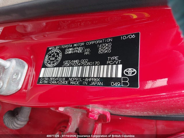 Продаж на аукціоні авто 2007 Toyota Yaris, vin: JTDKT923475080170, номер лоту: 40077226