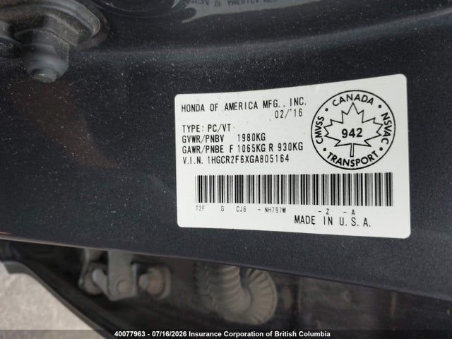 40077963 :رقم المزاد ، 1HGCR2F6XGA805164 vin ، 2016 Honda Accord Sport مزاد بيع