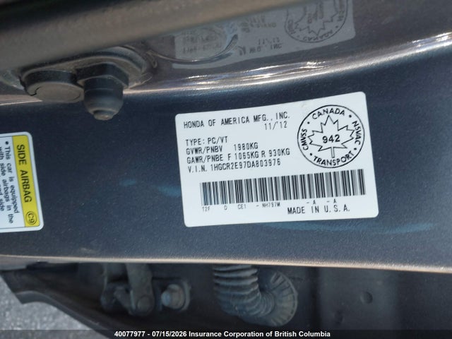 Продаж на аукціоні авто 2013 Honda Accord Touring, vin: 1HGCR2E97DA803976, номер лоту: 40077977