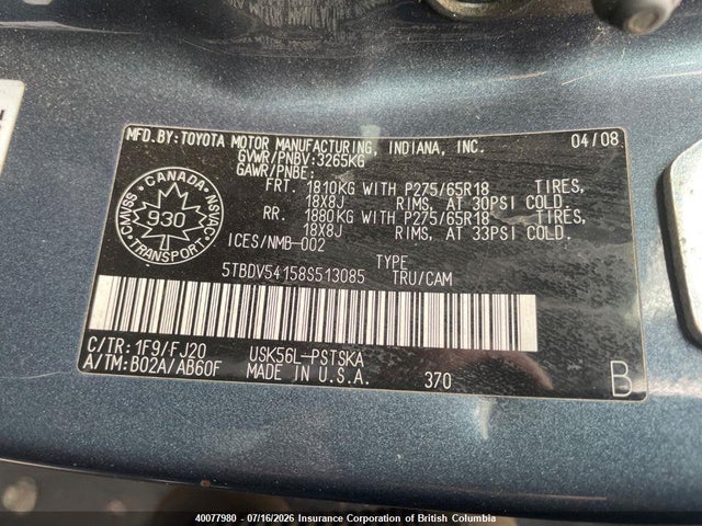 2008 Toyota Tundra Crewmax/crewmax Sr5 მანქანა იყიდება აუქციონზე, vin: 5TBDV54158S513085, აუქციონის ნომერი: 40077980