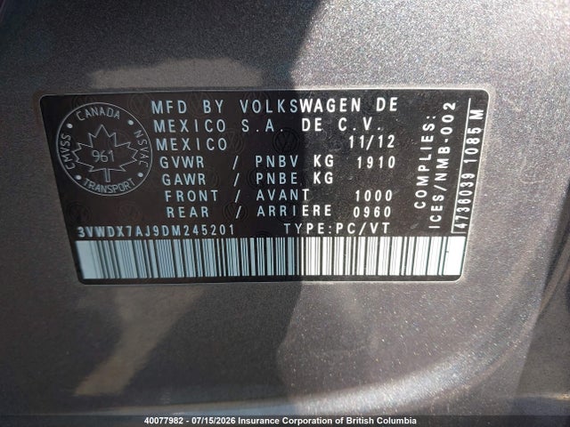2013 Volkswagen Jetta მანქანა იყიდება აუქციონზე, vin: 3VWDX7AJ9DM245201, აუქციონის ნომერი: 40077982