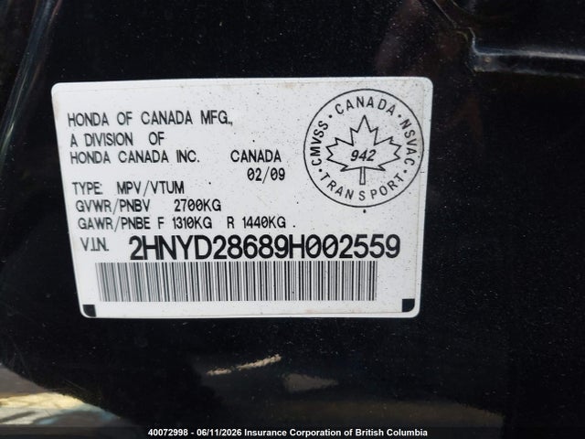 40072998 :رقم المزاد ، 2HNYD28689H002559 vin ، 2009 Acura Mdx Technology مزاد بيع