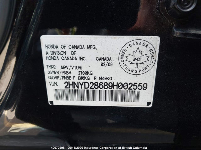 40072998 :رقم المزاد ، 2HNYD28689H002559 vin ، 2009 Acura Mdx Technology مزاد بيع