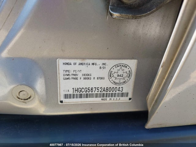 Aukcja sprzedaży 2002 Honda Accord Se, vin: 1HGCG56752A800043, numer aukcji: 40077987