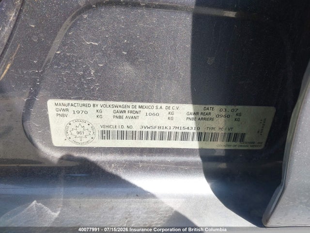 40077991 :رقم المزاد ، 3VWSF81K17M154310 vin ، 2007 Volkswagen Jetta مزاد بيع