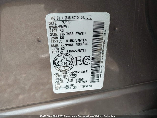 Продажа на аукционе авто 2011 Nissan Murano S/sl/le, vin: JN8AZ1MWXBW182681, номер лота: 40072710