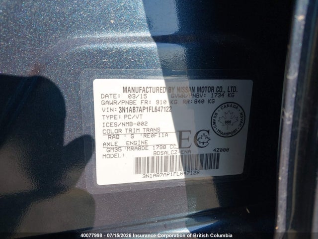 Nissan Sentra S/sv/sr/sl 2015 3N1AB7AP1FL647122 Image 9