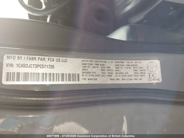 40077999 :رقم المزاد ، 1C4SDJCT3PC571726 vin ، 2023 Dodge Durango R/t مزاد بيع