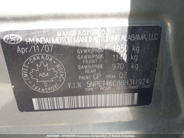 40078000 :رقم المزاد ، 5NPET46C88H311924 vin ، 2008 Hyundai Sonata Gls مزاد بيع