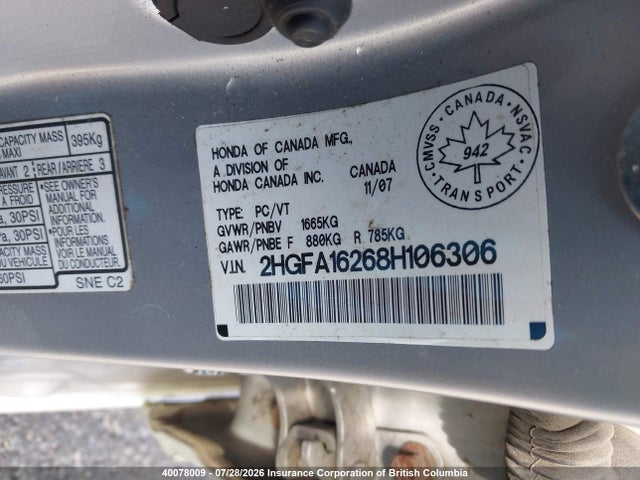 40078009 :رقم المزاد ، 2HGFA16268H106306 vin ، 2008 Honda Civic مزاد بيع