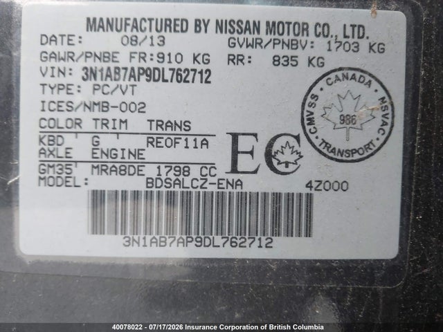 40078022 :رقم المزاد ، 3N1AB7AP9DL762712 vin ، 2013 Nissan Sentra S/sv/sr/sl مزاد بيع