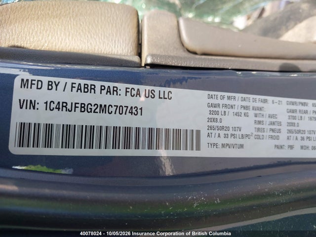 Продажа на аукционе авто 2021 Jeep Grand Cherokee Limited, vin: 1C4RJFBG2MC707431, номер лота: 40078024