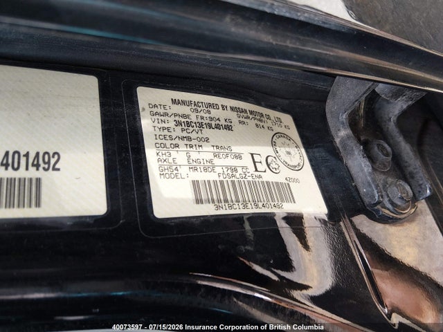 Aukcja sprzedaży 2009 Nissan Versa S/sl, vin: 3N1BC13E19L401492, numer aukcji: 40073597