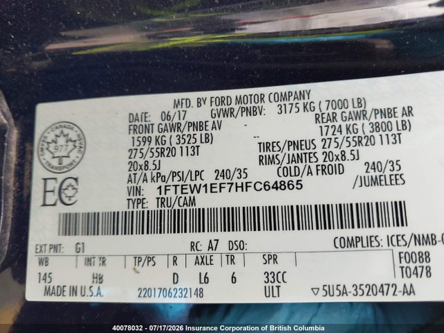 40078032 :رقم المزاد ، 1FTEW1EF7HFC64865 vin ، 2017 Ford F150 مزاد بيع