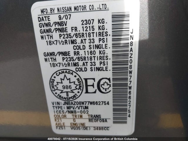 Aukcja sprzedaży 2007 Nissan Murano Sl/se/s, vin: JN8AZ08W77W662754, numer aukcji: 40078042