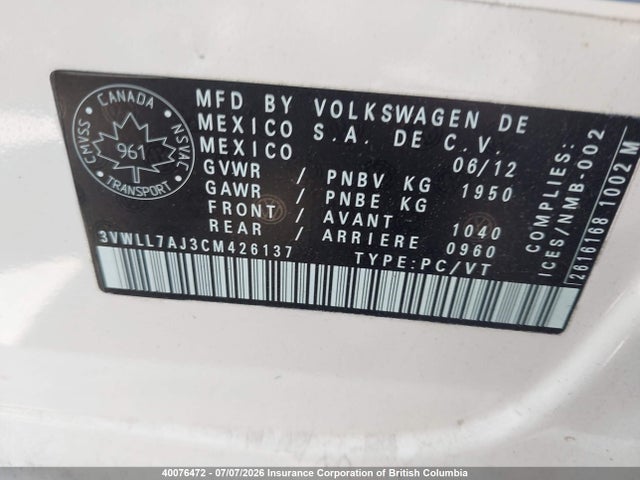 40076472 :رقم المزاد ، 3VWLL7AJ3CM426137 vin ، 2012 Volkswagen Jetta Tdi مزاد بيع