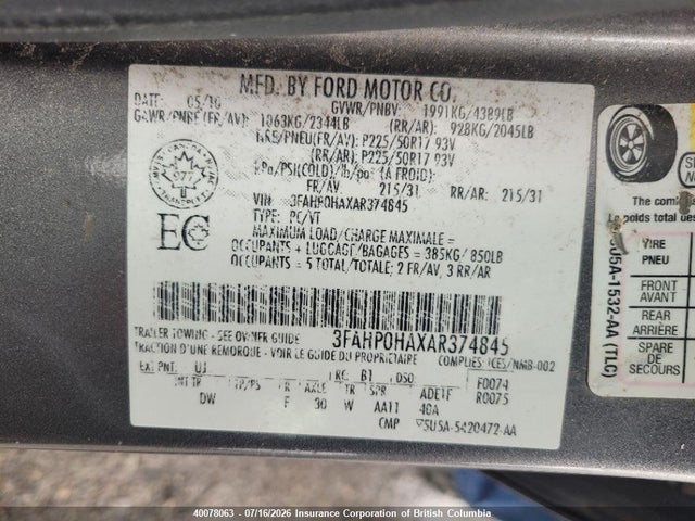 40078063 :رقم المزاد ، 3FAHP0HAXAR374845 vin ، 2010 Ford Fusion Se مزاد بيع
