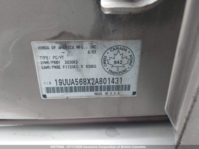 Продаж на аукціоні авто 2002 Acura 3.2tl, vin: 19UUA568X2A801431, номер лоту: 40078066