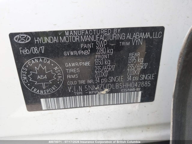 Aukcja sprzedaży 2017 Hyundai Santa Fe Sport, vin: 5NMZUDLB5HH042885, numer aukcji: 40078071