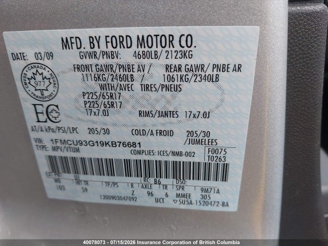 Продаж на аукціоні авто 2009 Ford Escape Xlt, vin: 1FMCU93G19KB76681, номер лоту: 40078073