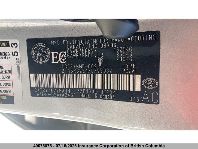 40078075 :رقم المزاد ، 2T1BR32E17C723932 vin ، 2007 Toyota Corolla Ce/le/sport مزاد بيع
