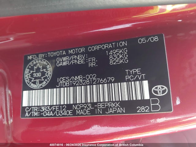 Продаж на аукціоні авто 2008 Toyota Yaris, vin: JTDBT923281276679, номер лоту: 40074816