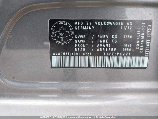 Aukcja sprzedaży 2013 Volkswagen Golf, vin: WVWDM7AJXDW118727, numer aukcji: 40078077