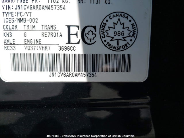 Aukcja sprzedaży 2010 Infiniti G37x, vin: JN1CV6AR0AM457354, numer aukcji: 40078086