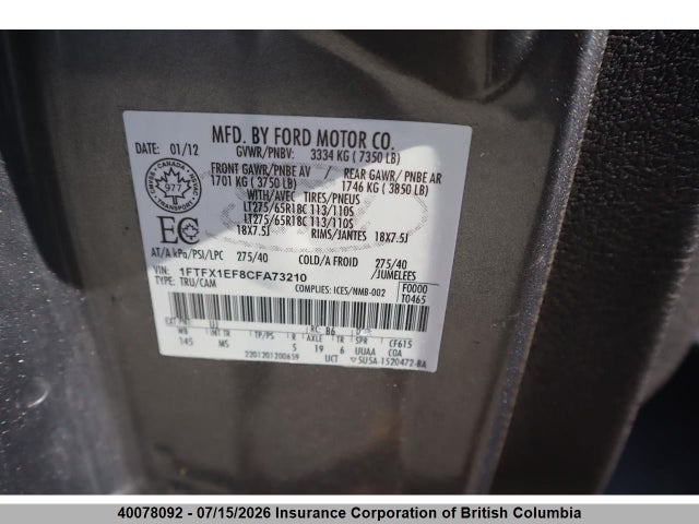 40078092 :رقم المزاد ، 1FTFX1EF8CFA73210 vin ، 2012 Ford F150 مزاد بيع