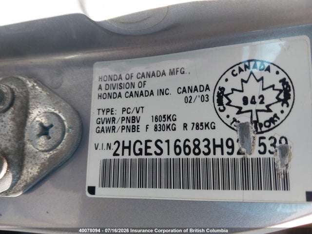 40078094 :رقم المزاد ، 2HGES16683H927539 vin ، 2003 Honda Civic مزاد بيع