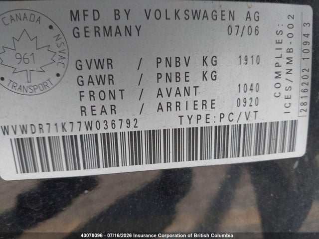 40078096 :رقم المزاد ، WVWDR71K77W036792 vin ، 2007 Volkswagen Rabbit مزاد بيع