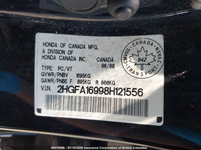 Aukcja sprzedaży 2008 Honda Civic, vin: 2HGFA16998H121556, numer aukcji: 40078098