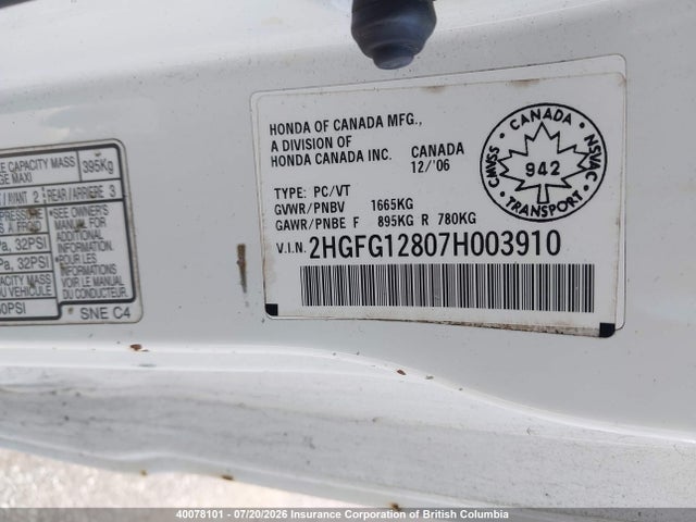 Aukcja sprzedaży 2007 Honda Civic, vin: 2HGFG12807H003910, numer aukcji: 40078101
