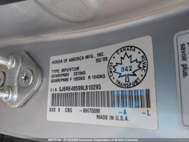 40078104 :رقم المزاد ، 5J6RE48599L810295 vin ، 2009 Honda Cr-v مزاد بيع