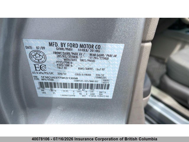 40078106 :رقم المزاد ، 1FMCU03779KD13098 vin ، 2009 Ford Escape Xlt مزاد بيع