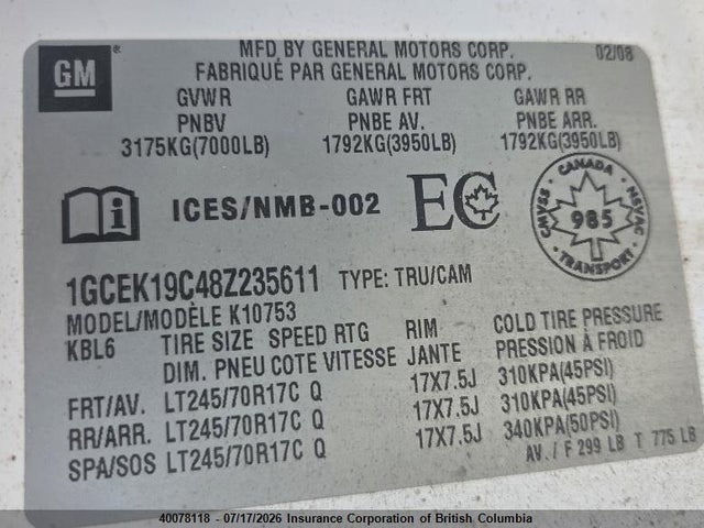 2008 Chevrolet Silverado K1500 მანქანა იყიდება აუქციონზე, vin: 1GCEK19C48Z235611, აუქციონის ნომერი: 40078118