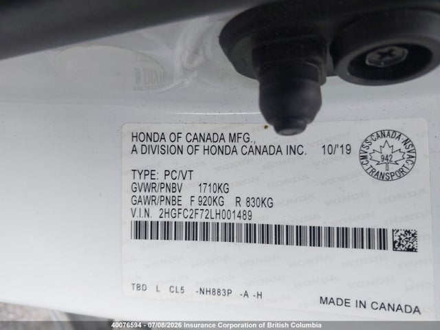 Honda CIVIC EX 2020 2HGFC2F72LH001489 Image 9