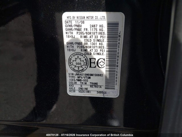Aukcja sprzedaży 2009 Infiniti Fx35, vin: JNRAS18W89M156662, numer aukcji: 40078128