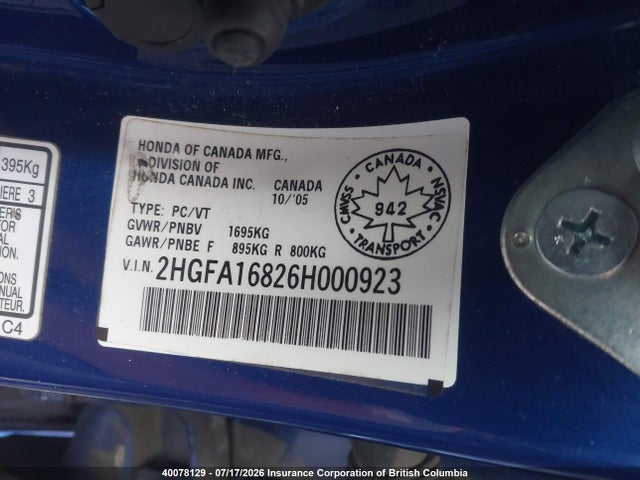 40078129 :رقم المزاد ، 2HGFA16826H000923 vin ، 2006 Honda Civic مزاد بيع