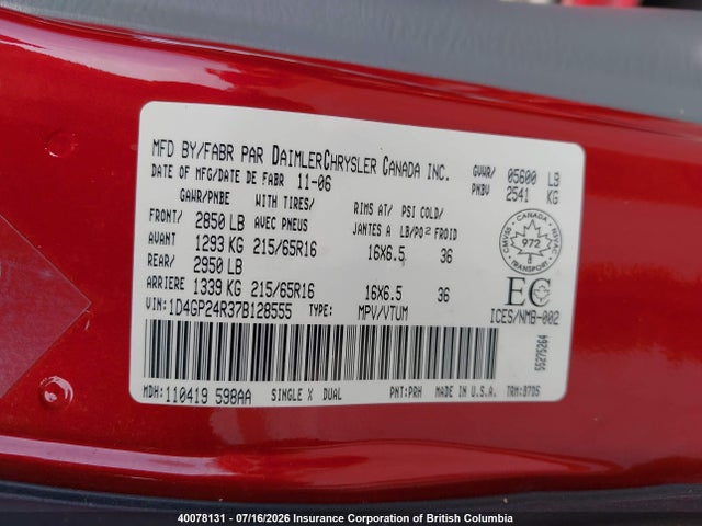 Продажа на аукционе авто 2007 Dodge Grand Caravan, vin: 1D4GP24R37B128555, номер лота: 40078131