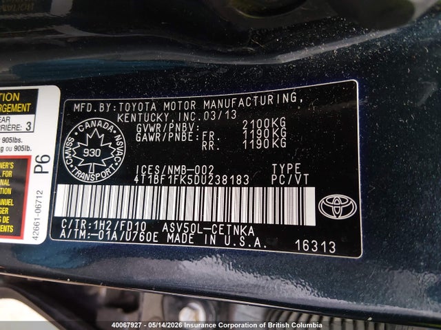 40067927 :رقم المزاد ، 4T1BF1FK5DU238183 vin ، 2013 Toyota Camry L/se/le/xle مزاد بيع