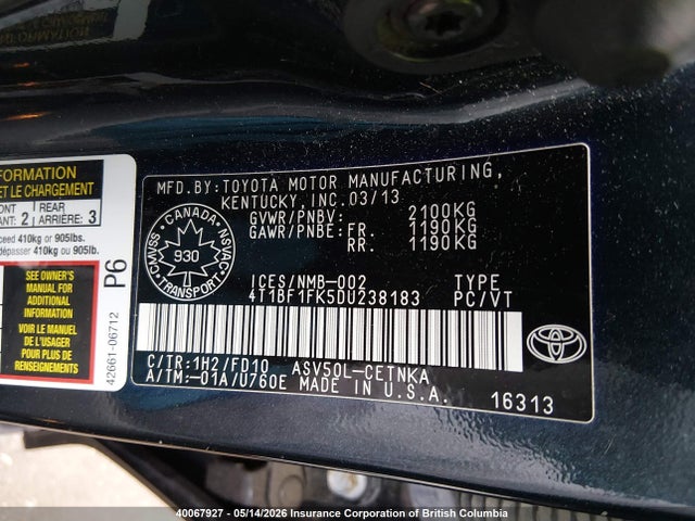 40067927 :رقم المزاد ، 4T1BF1FK5DU238183 vin ، 2013 Toyota Camry L/se/le/xle مزاد بيع