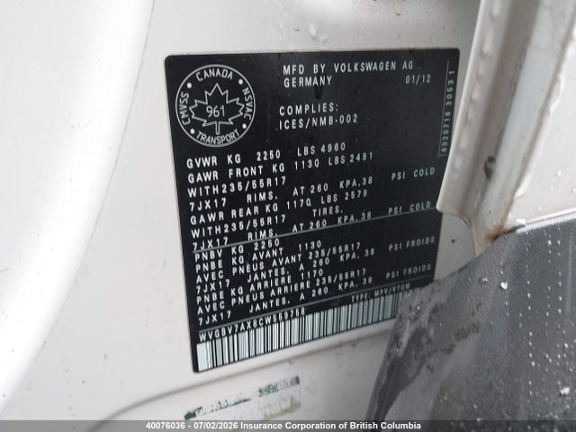 40076036 :رقم المزاد ، WVGBV7AX8CW559758 vin ، 2012 Volkswagen Tiguan S/se/sel مزاد بيع