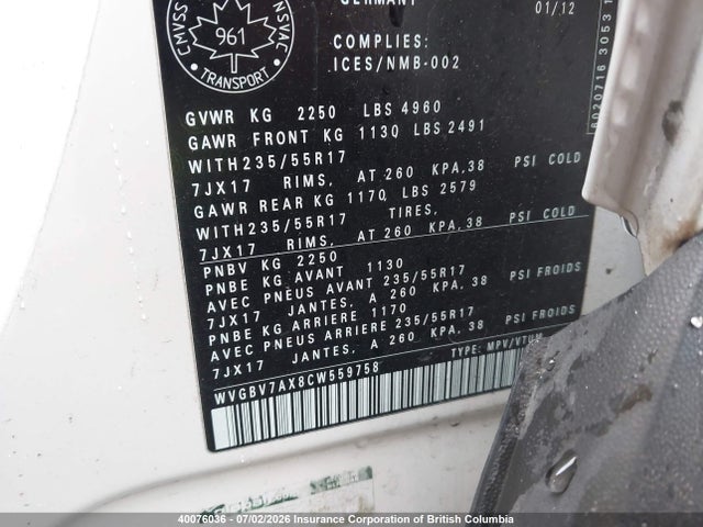 40076036 :رقم المزاد ، WVGBV7AX8CW559758 vin ، 2012 Volkswagen Tiguan S/se/sel مزاد بيع