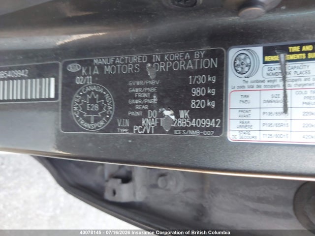 40078145 :رقم المزاد ، KNAFT4A28B5409942 vin ، 2011 Kia Forte مزاد بيع