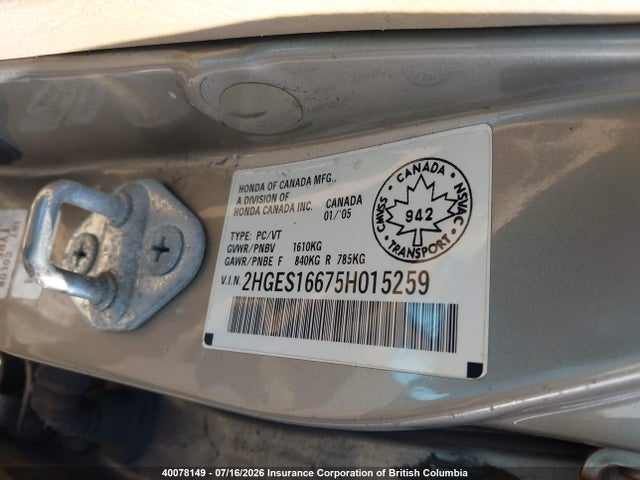 Продаж на аукціоні авто 2005 Honda Civic, vin: 2HGES16675H015259, номер лоту: 40078149