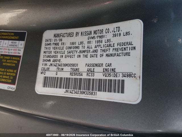 Продаж на аукціоні авто 2006 Nissan 350z Coupe, vin: JN1AZ34D36M305831, номер лоту: 40073980