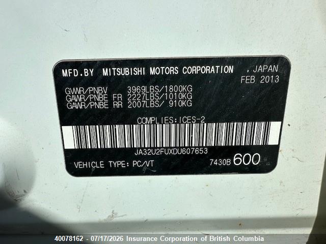 2013 Mitsubishi Lancer Se მანქანა იყიდება აუქციონზე, vin: JA32U2FUXDU607653, აუქციონის ნომერი: 40078162